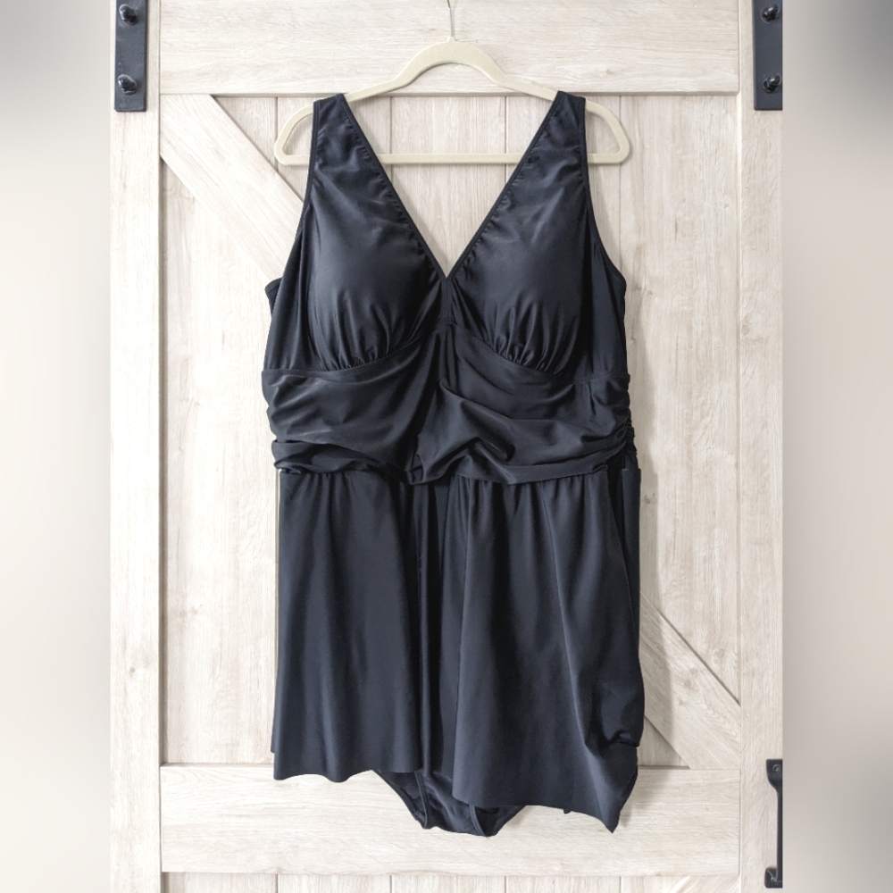 torrid Black One-Piece Swimsuit with Skirt Tie Flattering Ruching